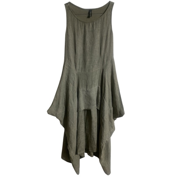 INIZIO 100% Linen Green Tiered Midi Tank Dress Sleeveless Stretch Women’s Medium - Picture 10 of 16